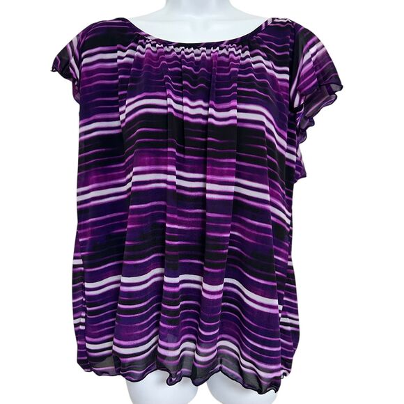 Worthington Purple Black White Striped Flutter Sleeve Top Blouse Size XL - Picture 2 of 8